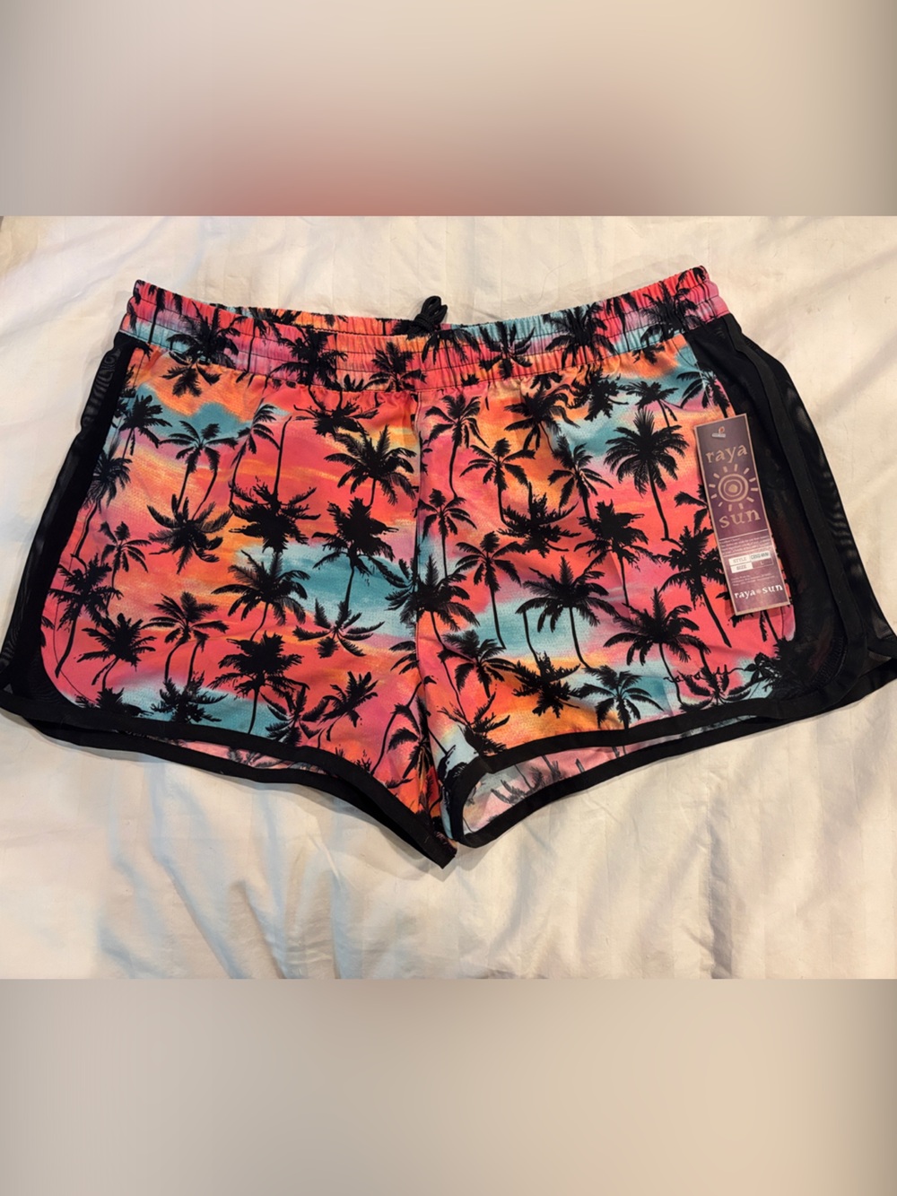 raya sun Tropical Palm Print Shorts in Pink, Orange, Blue with Black Trim